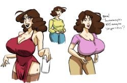 1girls 2019 big_breasts blush breast_focus breasts brown_hair cleavage crayon_shin-chan dialogue digital_media_(artwork) dress eye_shadow eyeshadow female_focus female_only first-second glass hi_res high_resolution highres human human_only jeans large_breasts makeup milf misae_nohara not_furry not_furry_focus pants png simple_background standing talking_to_another text white_background