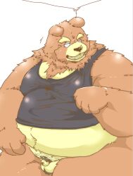 2023 anthro balls bear belly big_belly brown_body clothing genitals hi_res humanoid_hands kemono male mammal micropenis overweight overweight_male penis shirt small_penis solo suishou0602 topwear