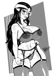 1girls alternate_version_available big_breasts black_and_white black_hair blush disney disney_channel female female_focus female_only garter_belt garter_straps glasses lilith_clawthorne looking_at_viewer mature_female monochrome nipple_piercing nipples nipples_visible_through_clothing pointy_ears pubic_hair rod_akihiro straight_hair the_owl_house thick_thighs underwear witch_(the_owl_house)