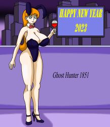 1girls artist_name artist_request bare_arms bare_legs blue_eyes bunny_ears bunny_girl bunnysuit cityscape danny_phantom female female_only ghosthunter1851(artist) high_heels jazz_fenton large_ass large_breasts red_hair solo