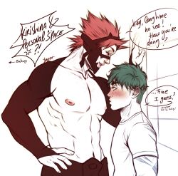 2boys against_wall aged_up blush dialogue eijirou_kirishima english_text freckles green_hair height_difference hero_outfit_(mha) izuku_midoriya kabedon katsuki_bakugou male male_only mask muscular muscular_male my_hero_academia red_hair shirtless sleeves speech_bubble spiky_hair yaoi