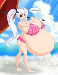 beach bikini eyepatch hyper_pregnancy pregnant red_eye saburox senran_kagura text umbrella white_hair yagyuu_(senran_kagura)