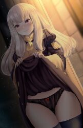 1girls bare_thighs black_panties blush clothes_lift detailed_background embarrassed exposed_panties female female_only fire_emblem fire_emblem:_three_houses garreg_mach_monastery_uniform ioemi lacy_panties lifted_by_self lifting_skirt long_hair looking_at_viewer lysithea_von_ordelia nintendo panties pink_eyes presenting presenting_panties showing_panties smile solo standing stockings thick_thighs thighhighs thighs upskirt white_hair