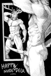 2023 abs animal_genitalia animal_penis anthro balls black_and_white cervine deer erection fur genitals hair hi_res male male_only mammal mirror momamo monochrome muscular muscular_male nude penis scut_tail serratus short_tail solo tail traditional_media_(artwork)