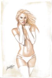 almira_francisco blonde_hair blue_eyes covering_breasts emma_frost looking_at_viewer marvel marvel_comics navel painting_(artwork) panties topless topless_female white_queen x-men