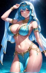 1girls ai_generated belly_dancer belly_dancer_outfit blue_hair blush dancer dancer_outfit harem_girl harem_outfit highres holaraai huge_breasts jewelry looking_at_viewer mommy purple_eyes rinomaw stable_diffusion voluptuous