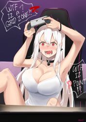 1girls anger_vein angry arms_up bangs black_choker blush breasts chair choker cleavage controller english_text fangs female gaming gaming_chair girls'_frontline highres holding holding_controller kar98k_(girls'_frontline) kion-kun large_breasts light-skinned_female light_skin long_hair open_mouth playing_videogame red_eyes sitting solo speech_bubble tank_top twitter_username white_hair white_tank_top