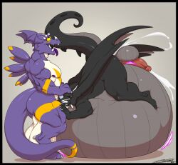 anthro ball_size_difference balls bandai_namco big_balls black_body black_scales bodily_fluids cum cum_ballooning cum_from_ass cum_in_ass cum_inside cum_through cum_while_penetrated deonwolf digimon dragon dragoneer_(character) duo erection genital_fluids genitals grey_balls hand_on_head horn huge_balls inflation looking_pleasured male male/male misleading_thumbnail nipples nol non-mammal_balls non-mammal_nipples open_mouth penetration penis pink_penis purple_body purple_nipples purple_scales purple_tongue scales sex tail teeth tongue tongue_out white_balls white_horn