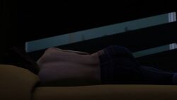 3d ass back back_view bed bedroom brown_hair claire_redfield jeans pillow ponytail resident_evil saltyu shirtless sleeping