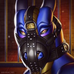 1:1 2022 ambiguous_gender artist_name black_collar blue_body blurred_background blush bust_portrait collar dated dragon glistening glistening_eyes grey_horn horn icon inside muzzle_(object) muzzled narrowed_eyes portrait sabredragon scales scalie slash_freezen solo yellow_body yellow_eyes yellow_scales