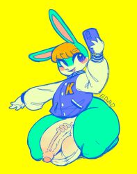 animal_crossing anthro balls big_ass big_balls big_penis blonde_hair clothing diipiid eldiipiid femboy genitals girly green_body hair hi_res lagomorph leporid male male_only mammal nintendo penis phone rabbit sasha_(animal_crossing) school_uniform selfie thick_thighs uniform