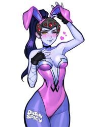 1girls 2d 2d_(artwork) 2d_artwork animal_hair_ornament artist_name blue_hair blue_skin blush blushypixy blushyspicy bunny_ears bunny_girl bunnysuit cleavage drawn female_only fingerless_gloves gloves heart looking_at_viewer one_eye_closed overwatch overwatch_2 plain_background ponytail skin_tight smile solo thick_thighs watermark white_background widowmaker yellow_eyes