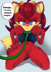 2023 absurd_res anthro archie_comics bedroom_eyes blue_eyes blush bottomless canid canine clothed clothing dialogue english_text female fiona_fox fox genitals hair hi_res kneeling leash_and_collar looking_at_viewer mammal narrowed_eyes pussy red_hair saltorii seductive sega simple_background smile smiling_at_viewer solo sonic_(series) sonic_the_hedgehog_(archie) sonic_the_hedgehog_(comics) sonic_the_hedgehog_(series) text