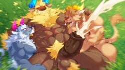 big_penis blonde_fur bodily_fluids brown_fur closed_eyes cum cumming furry furry_only horns horny kulplant licking_nipples minotaur muscular_male smile sweat tail teeth white_fur