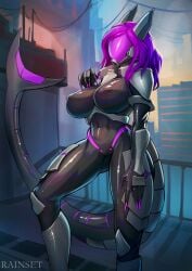 anthro armor drone female helmet huge_ass huge_breasts nails pink_hair rainset shark_tail tagme tail thick_thighs wide_hips