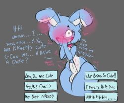 absurd_res animatronic anthro balls blue_body blue_hair blush bow_tie covering covering_mouth cumlord cumlord_(artist) dialogue erection eyelashes femboy five_nights_at_freddy's five_nights_at_freddy's_2 freckles genitals green_eyes grey_background hair hair_over_eye hi_res just_coffee lagomorph leporid looking_at_viewer machine male male_only mammal monster monster_femboy nightmare_husbando nude one_eye_obstructed penis rabbit robot rosy_cheeks scottgames simple_background solo talking_to_viewer text thick_thighs toy_bonnie_(fnaf) white_body wide_hips