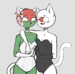 2girls belarus_(countryhumans) blush cat_ears cat_tail clothing countryhumans countryhumans_girl female female_only gray_background green_body green_skin japan_(countryhumans) no_pupils simple_background sketch small_breasts small_image white_body white_eyes white_fur yuri