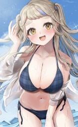 1girls bare_midriff bare_shoulders belly_button big_breasts bikini blue_hair cleavage cream_hair exposed_shoulders flannel_bikini looking_at_viewer machita_chima midriff navel nijisanji ocean open_shirt sea shirt_open shortstack smiling smiling_at_viewer solo solo_female solo_focus twintails virtual_youtuber water wet wet_clothes wet_skin yellow_eyes