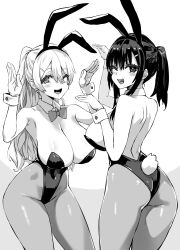 2girls animal_ears arms_up asanagi ass bare_shoulders black_hair black_leotard blonde_hair bow bowtie breasts bunny_pose cleavage fake_animal_ears female female_only greyscale highres huge_breasts large_breasts leotard long_hair looking_at_viewer looking_back monochrome multiple_girls one_eye_closed open_mouth original pantyhose playboy_bunny pony rabbit_ears rabbit_tail simple_background sketch smile strapless strapless_leotard tail white_background wrist_cuffs