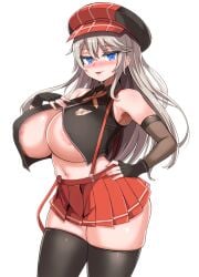 absurdres alisa_ilinichina_amiella areola_slip armpits asanagi_(style) black_gloves black_thighhighs black_vest blue_eyes blush breasts cabbie_hat cowboy_shot cropped_vest curvy detached_sleeves female fingerless_gloves gloves god_eater grey_hair hand_on_hip hand_on_own_chest hat highres huge_breasts kim_wang_jang long_hair long_sleeves looking_at_viewer miniskirt navel nose_blush plaid_headwear pleated_skirt red_headwear red_skirt simple_background skindentation skirt solo suspender_skirt suspenders thighhighs undersized_clothes vest white_background zettai_ryouiki