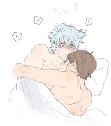 2boys ? ?! after_sex blush brown_hair confusion embrace gintama gintoki_sakata hickey_marks in_bed looking_at_another male male_only messy_hair morning_after nervous nude oeee_eee okita_sougo on_bed on_side red_eyes scratches sleeping surprised sweat sweatdrop upper_body white_hair yaoi