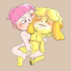 animal_crossing anthro bite blush bodily_fluids breast_squish breasts canid canine canis domestic_dog drooling duo ear_nibble embrace feet female female/female fingers fur genital_fluids genitals grabbing_from_behind hair hair_down hi_res hug human isabelle_(animal_crossing) mammal nibbling nintendo nipples pink_hair pussy pussy_juice raised_arm saliva simple_background spreading squish sweat teeth thanie tongue tongue_out villager_(animal_crossing)