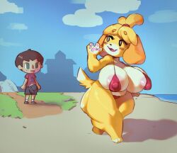 1boy 1girls animal_crossing anthro areola areola_slip balls_outline big_breasts big_bulge big_eyes bikini biped blonde_hair bottomwear breasts brown_hair bulge canid canine canis chubby_female clothed clothed_male clothing cloud detailed_background dipstick_tail domestic_dog duo female footwear front_view fur genital_outline gesture green_eyes hair handpaw hi_res huge_breasts huge_hips huge_thighs human isabelle_(animal_crossing) light-skinned_male light_skin looking_back male mammal markings multicolored_body nintendo nipple_outline non_navi open_mouth outside paws penis_outline pink_areola shih_tzu shirt shoes shorts sky socks standing string_bikini swimwear tail tail_markings thick_thighs topwear toy_dog two_tone_body villager_(animal_crossing) walking_away waving white_body white_eyes white_skin wide_hips yellow_body yellow_fur