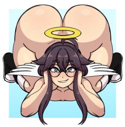 1boy all_fours angel angel_wings ass ass_up big_ass big_butt black_hair blind blush dynamo-x eyelashes femboy freckles freckles_on_ass glasses grey_eyes halo long_hair male maro_(r0ndc0r3) oc original shoes smile smug trap wings