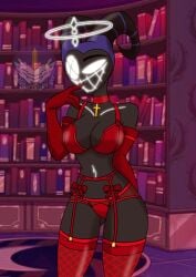 1:1 angel black_body breasts clothed clothing cross exorcist_(hazbin_hotel) female female_only first_porn_of_character glowing glowing_eyes halo hazbin_hotel helmet hi_res horn humanoid lute_(hazbin_hotel) metalbelphegor open_mouth open_smile partially_clothed smile solo standing