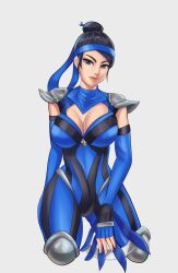 1girls 2d asian asian_female big_breasts blue_eyes breasts cleavage fan female female_only fully_clothed gloves horizonah221 kitana light-skinned_female looking_at_viewer makeup mortal_kombat mortal_kombat_11 ninja short_hair solo thighs tied_hair tight_clothes