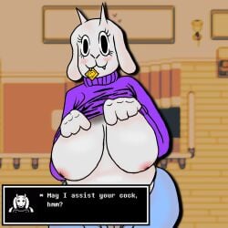 anthro barely_visible_genitalia barely_visible_pussy bbw big_breasts blush breasts chubby chubby_female chubby_milf clothed clothing condom_in_mouth dialogue english_text female fur furry furry_only lifting_shirt milf overweight overweight_female pussy soft_breasts solo text toriel undertale undertale_(series)