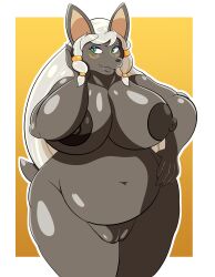 absurd_res anthro anubian_jackal areola belly big_breasts breasts canid canine canis chillyspicky curvy_figure female fur green_eyes grey_body grey_fur hair hi_res jackal mammal meresankh overweight overweight_female seductive solo voluptuous wide_hips