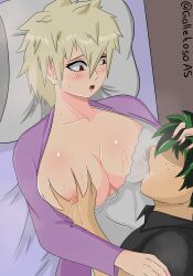 1boy 1boy1girl 1girls bed bedroom big_breasts blonde_hair blush blush_lines breast_milk breast_milking breast_sucking breasts female galletoso green_hair hand_on_head huge_breasts izuku_midoriya lactating_nipples lactation lactation_through_clothes large_breasts male milk milking_breasts mitsuki_bakugou my_hero_academia nipples older_woman_and_younger_boy open_mouth red_eyes short_hair teenager unseen_male_face younger_male