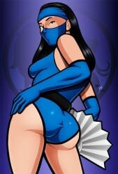 1girls 2d ass big_ass black_hair blue_dress breasts brown_eyes dat_ass fan female female_only fully_clothed gloves kitana klassic_kitana light-skinned_female looking_at_viewer mask mortal_kombat mortal_kombat_2 ninja seductive seductive_smile seestaar solo thick_thighs thighs waist waist_grab