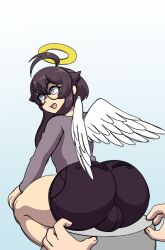 1boy angel anon ass ass_out ballsack big_bulge black_hair blindfold dynamo-x femboy freckles glasses grey_eyes grey_shirt halo hands male maro_(r0ndc0r3) short_hair shorts trap unaware white_skin wings