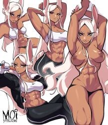 abs animal_ears areolae bunny_ears carrot dark-skinned_female dark_skin jacket large_breasts midriff miruko moiyablochki muscular muscular_female my_hero_academia nipples red_eyes rumi_usagiyama sports_bra sports_bra_lift tagme tongue tongue_out white_hair