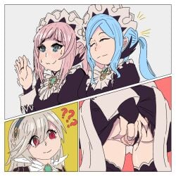 3girls ? ??? @_@ ass bare_thighs big_ass black_panties blue_eyes blue_hair confusion corrin_(fire_emblem) corrin_(fire_emblem)_(female) crotch felicia_(fire_emblem) female female_only fingering fingering_partner fire_emblem fire_emblem_fates flora_(fire_emblem) grey_hair hyperkiara69 incest inner_thighs light_blue_eyes light_blue_hair long_hair maid multiple_girls nervous nervous_smile nintendo panties panties_aside pink_eyes ponytail pussy pussy_juice red_eyes short_hair sisters smile stealth_fingering stealth_sex thighs twins twintails underwear upskirt waving yuri