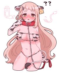 1girls anal_tail armwear big_breasts big_collar bikini blush buttplug buttplug_tail chain_leash chains cleavage collar collar_and_leash cow_bikini cow_ears cow_print cow_print_armwear cow_tag cow_tail cream_hair ear_tag eyepatch_bikini female female_only hairclip leaking_milk leash_and_collar long_gloves long_hair looking_at_viewer machita_chima nijisanji sex_toy shortstack solo solo_female tears virtual_youtuber white_background yellow_eyes