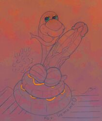 1boy big_balls big_penis blue_eyes blush cartoony commission gigaboy hand_drawn huge_balls huge_cock scales snake snake_tongue toy toy_snake traditional_media_(artwork) tugging veiny veiny_penis