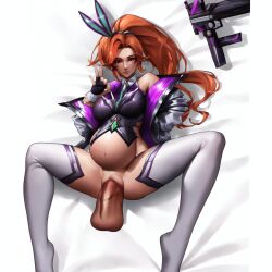 1girls ai_generated anima_squad_series battle_bunny_miss_fortune battle_bunny_series bed bed_sheet bunny_ears bunny_girl floating_penis gun hires laying_on_bed league_of_legends mini_jacket miss_fortune orange_hair partial_male ponytail pregnant red_eyes riot_games sex stable_diffusion thighhighs vaginal_penetration vaginal_sex