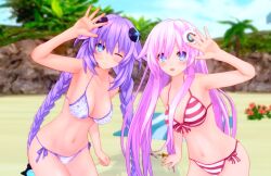 2girls 3d big_breasts bikini blue_eyes breasts duo female female_only goddess large_breasts long_hair medium_breasts nepgear neptune_(neptunia) neptunia_(series) pink_hair purple_hair purple_heart_(neptunia) purple_sister striped_bikini very_long_hair