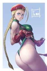 ahoge ass ass_grab bare_shoulders beret blonde_hair blue_eyes bodypaint braid breasts cammy_white camouflage capcom covered_erect_nipples curvy female fingerless_gloves gloves green_leotard hands_on_own_ass hat highleg highleg_leotard huge_ahoge huge_ass leotard long_braid long_hair looking_at_viewer looking_back medium_breasts morimakoto muscular muscular_female padded_gloves red_gloves scar skin_tight sleeveless solo standing street_fighter street_fighter_ii thighs thong_leotard twin_braids very_long_hair white_background