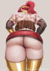 1girls ass back_muscles female female_only high_ponytail huge_ass long_hair muscles muscular muscular_back muscular_female ponytail prinzkuon pyrrha_nikos red_hair rwby solo thick_thighs wide_hips