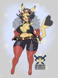 anthro big_breasts breasts cleavage coat cosplay_pikachu exposed_torso female hair hands_on_hips heels jacket looking_at_viewer mayo1nomor1 open_mouth pikachu pikachu_rock_star pokémon_(species) pokemon spiked_armband tagme tail the_lost_artist thick_thighs zacianswords