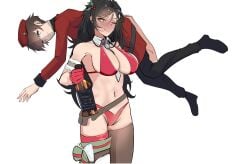 armband beret black_hair blue_eyes blush carrying carrying_over_shoulder christmas_outfit collar colt_python_(girls_frontline) commander_(girls'_frontline) drunk girls'_frontline gloves green_eyes hair_ornament height_difference holly_(plant) jack_daniel's large_breasts larger_female lifting_person navel necktie pouch python_(girls'_frontline) red_bikini red_outfit ribbons rroar8 size_difference smaller_male stockings tongue_out whiskey yellow_lipstick