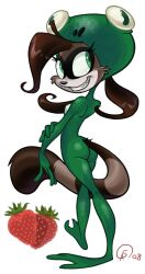 anthro ass ass ass_visible_through_clothes clothing dumm_comics frog_girl frog_raccoon_strawberry frog_suit gantzaistar looking_back raccoon skin_tight tight_clothing young