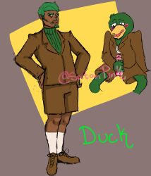 absurd_res anatid anseriform anthro avian balls beak bird blush bodily_fluids bottomwear clothed clothing cum cumshot don't_hug_me_i'm_scared duck duck_guy_(dhmis) ejaculation erection facial_hair feathers footwear fully_clothed genital_fluids genitals gijinka goatee green_body green_feathers green_hair hair hi_res human humanization humanized jacket male male_focus male_only mammal morgan_(dhmis) penis satanpink shoes shorts sitting solo sweater topwear turtleneck unusual_anatomy unusual_genitalia unusual_penis