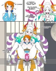 2girls female female_only ggc multiple_girls nami nami_(one_piece) one_piece orange_hair post-timeskip sex_toy strap-on two_tone_hair vaginal vaginal_penetration vaginal_sex yamato_(one_piece) yuri