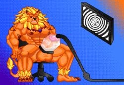 absurd_res animated anthro bandai_namco bodily_fluids chair cum digimon digimon_(species) digital_media_(artwork) ejaculation furniture genital_fluids hi_res hypnosis leomon loop machine male male_only milking_cum milking_machine mind_control morinetsu muscular muscular_anthro pixel_(artwork) pixel_animation sitting solo