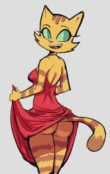 1girls 2019 anthro ass backless_clothing backless_dress big_butt big_eyes black_eyebrows black_eyelashes bottomless breasts butt_pose cheek_tuft clothed clothing clothing_lift colored_sketch curved_eyebrows cute_fangs dbaru digital_drawing_(artwork) digital_media_(artwork) domestic_cat dress dress_lift exposed_butt eyebrows eyelashes facial_tuft fangs felid feline felis female fingers fran_(litterbox_comics) fur_tuft glistening_eyes green_eyes green_sclera grey_background guide_lines happy head_turned litterbox_comics looking_back mammal mature_anthro mature_female medium_breasts milf monotone_background no_underwear open-back_dress open_mouth open_smile orange_fur orange_stripes pink_nose pink_tongue portrait pose presenting prick_ears rear_view red_clothing red_dress simple_background smile solo standing striped_fur stripes tail_under_skirt tail_upskirt thin_eyebrows three-quarter_portrait tongue tuft upskirt webcomic wide_hips